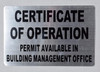 FRAME CERTIFICATE OF OPERATION - PERMIT AVAILABLE IN BUILDING MANAGEMENT OFFICE