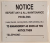 Notice report any & All maintenance problems to management sign Notice report any & All maintenance problems to management sign