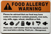 Food Allergy Warning Safety Compliance Sign Food Allergy Warning Safety Compliance Sign
