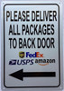 PLEASE DELIVER ALL PACKAGES TO BACK DOOR LEFT ARROW SIGN PLEASE DELIVER ALL PACKAGES TO BACK DOOR LEFT ARROW SIGN
