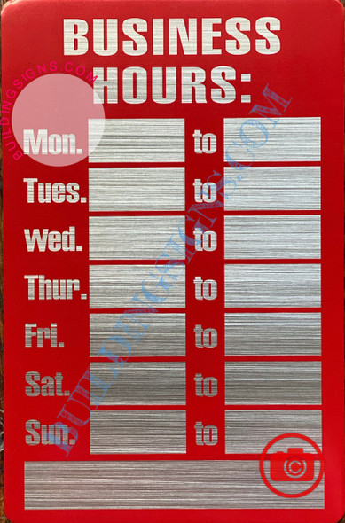 BUSINESS HOURS SIGN- RED WITH BRUSHED ALUMINUM LETTERS