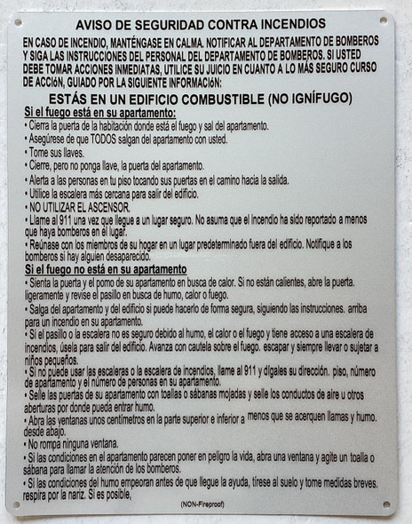 SPANISH FIRE SAFETY NOTICE -NON FIRE PROOF BUILDING