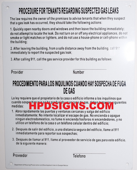Gas Leak Notice Sign. Durable 8.5x11 aluminum, rust-free, with bold black text on white background. Complies with NYC HMC § 27-2005. Easy to mount with pre-drilled holes and rounded corners. Gas Leak Notice Sign. Durable 8.5x11 aluminum, rust-free, with bold black text on white background. Complies with NYC HMC § 27-2005. Easy to mount with pre-drilled holes and rounded corners.