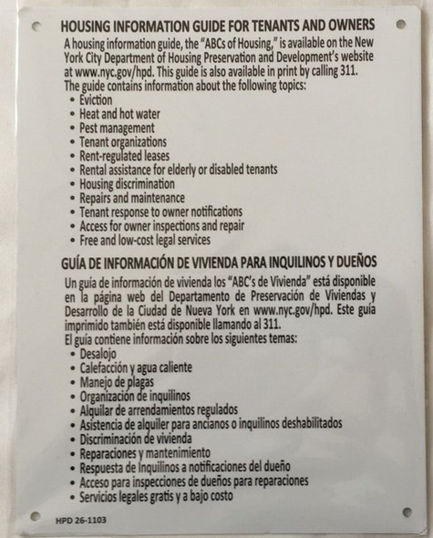 Housing Information Guide Notice Sign – Abc of housing NYC HPD Required Aluminum Sign (White, Aluminium, rust free ,HMC § 26-1103, 11x8.5 Inch) Housing Information Guide Notice Sign – Abc of housing NYC HPD Required Aluminum Sign (White, Aluminium, rust free ,HMC § 26-1103, 11x8.5 Inch)
