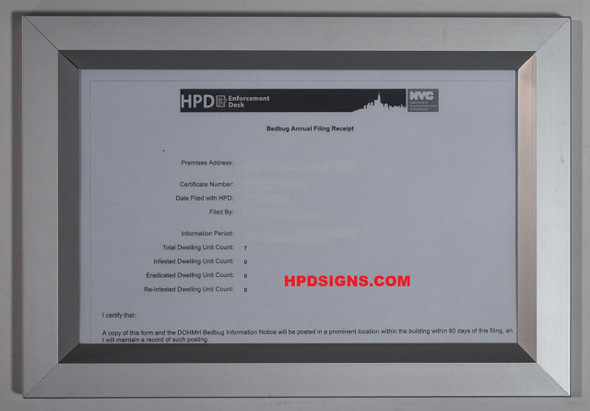 HPD Bedbug Annual Filing Receipt Frame 5.5x8.5