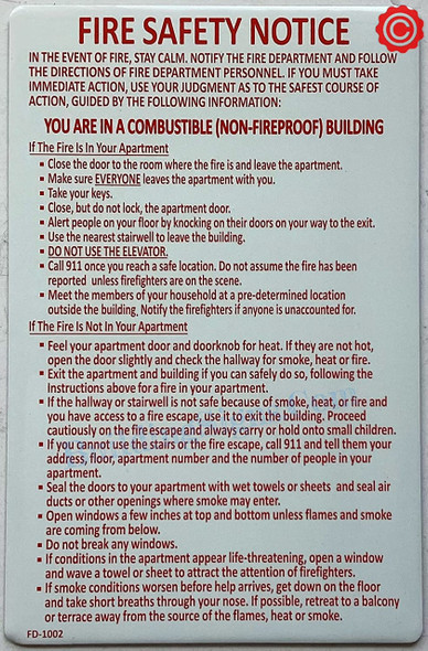 DOOR HPD NYC "FIRE SAFETY NOTICE"-NON FIRE PROOF BUILDING DOOR HPD NYC "FIRE SAFETY NOTICE"-NON FIRE PROOF BUILDING