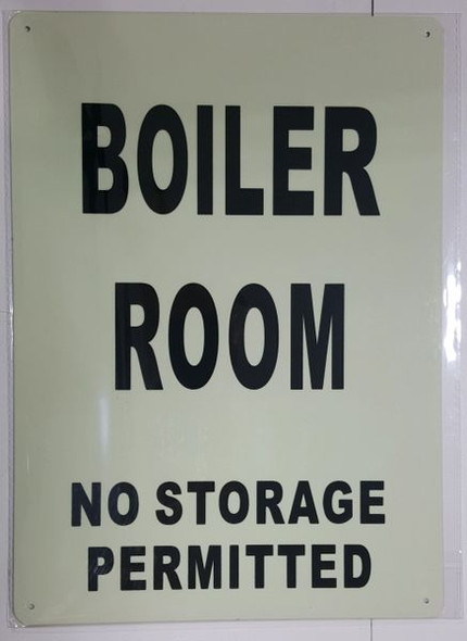 BOILER ROOM NO STORAGE PERMITTED SignPHOTOLUMINESCENT GLOW IN THE DARK SIGN