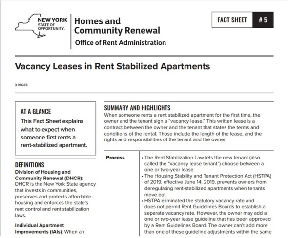 Fact Sheet #5: Vacancy Leases in Rent Stabilized Apartments Fact Sheet #5: Vacancy Leases in Rent Stabilized Apartments