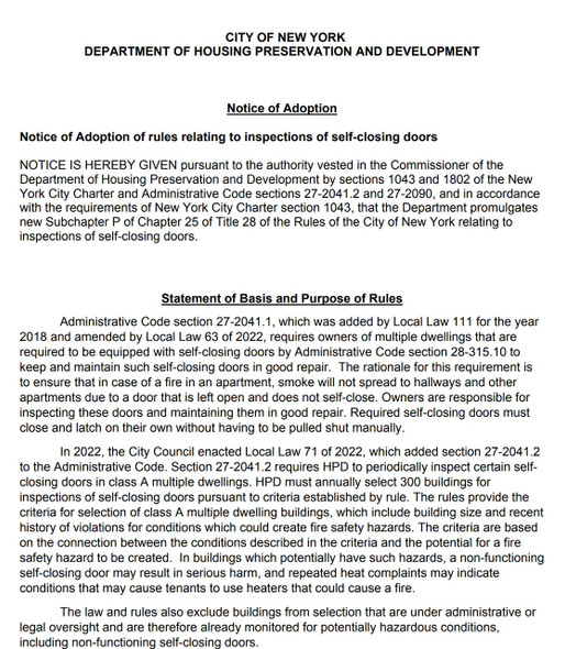 Inspections of Self-Closing Doors rule by city of NY Inspections of Self-Closing Doors rule by city of NY