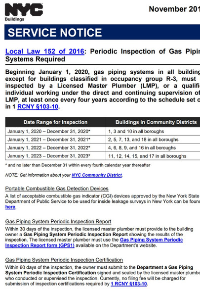 CODE Local Law 152: Periodic Inspection of Gas Piping Systems in NYC CODE Local Law 152: Periodic Inspection of Gas Piping Systems in NYC