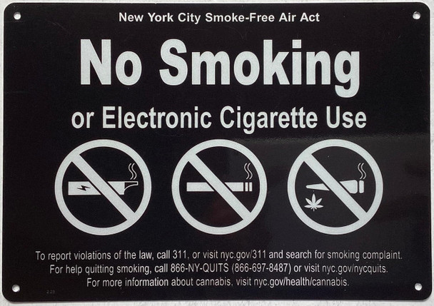 NYC smoke free air act No smoking or electronic cigarette use sign