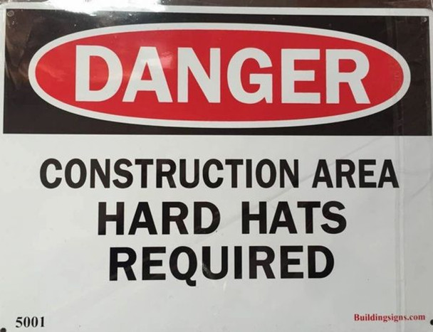 Aluminium OSHA Safety Sign "Danger Construction Area Hard Hats required", 12" Widex 9" High Black / Red on White Aluminium OSHA Safety Sign "Danger Construction Area Hard Hats required", 12" Widex 9" High Black / Red on White