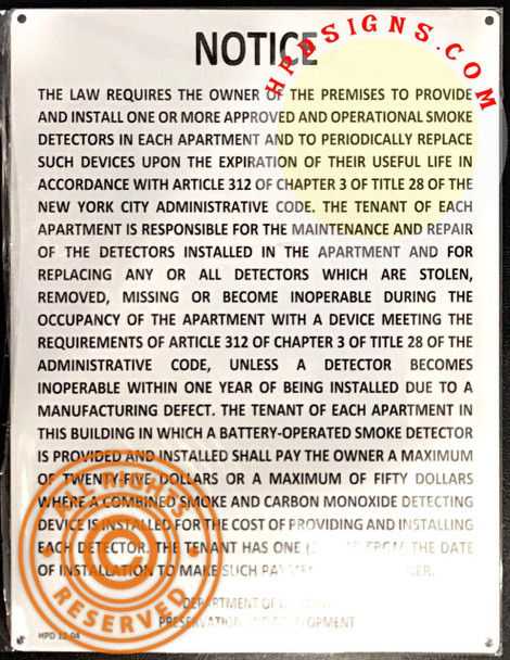 Shop HPD-required Smoke Detector Notice Sign. Durable 11x8.5 inch aluminum, rust-free, white background. Complies with NYC Housing Maintenance Code (HMC § 27-2045) for residential buildings. Shop HPD-required Smoke Detector Notice Sign. Durable 11x8.5 inch aluminum, rust-free, white background. Complies with NYC Housing Maintenance Code (HMC § 27-2045) for residential buildings.