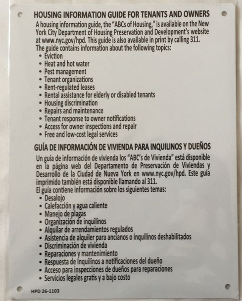 Housing Information Guide Notice Sign – Abc of housing NYC HPD Required Aluminum Sign (White, Aluminium, rust free ,HMC § 26-1103, 11x8.5 Inch) Housing Information Guide Notice Sign – Abc of housing NYC HPD Required Aluminum Sign (White, Aluminium, rust free ,HMC § 26-1103, 11x8.5 Inch)