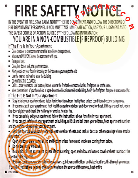 LOBBY Fire Safety Notice -FIRE PROOF BUILDING (white Aluminium,8.5X11, § 408-02)