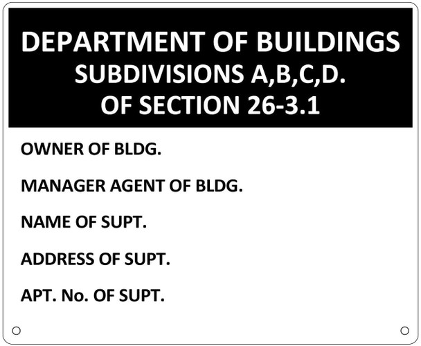 Department of Buildings Subdivisions A, B, C, D Sign – Section 26-3.1 (White Aluminum, 8.5x7) | NYC DOB Compliance