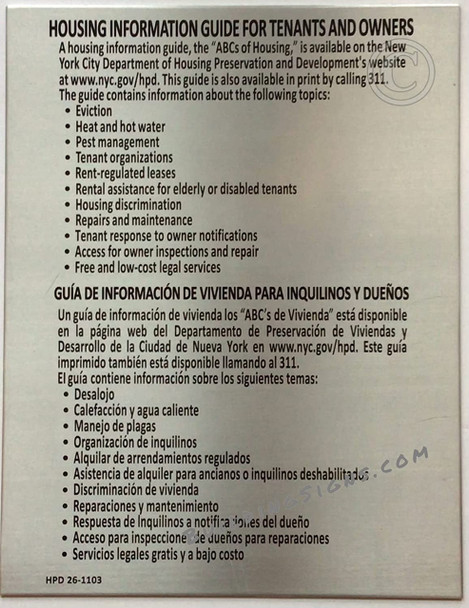 Housing Information Guide Notice  – Abc  of housing NYC HPD Required Aluminum Housing Information Guide Notice  – Abc  of housing NYC HPD Required Aluminum