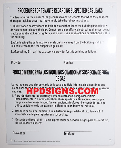 Gas Leak Notice – English/ Spanish HPD Required