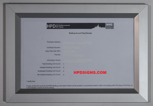 HPD Bedbug Annual Filing Receipt Frame 5.5x8.5