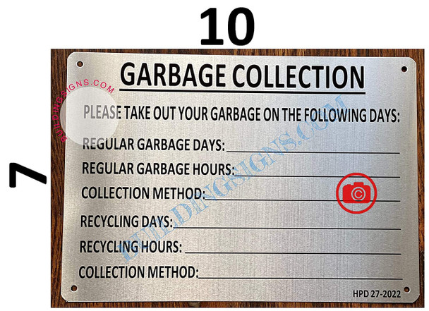 GARBAGE COLLECTION  BRUSHED ALUMINUM Signage GARBAGE COLLECTION  BRUSHED ALUMINUM Signage
