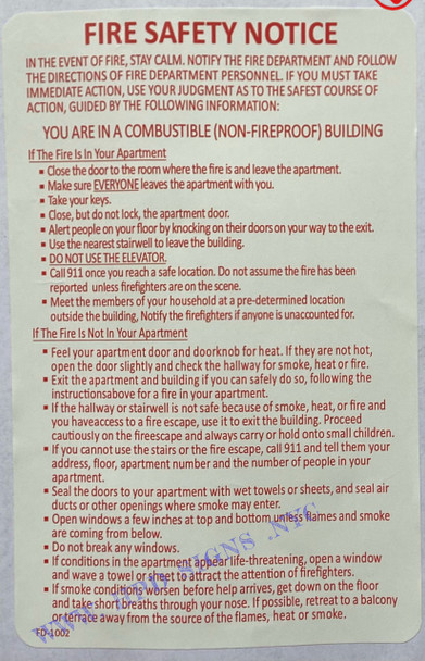 Door Fire Safety Notice NON FIRE PROOF BUILDING