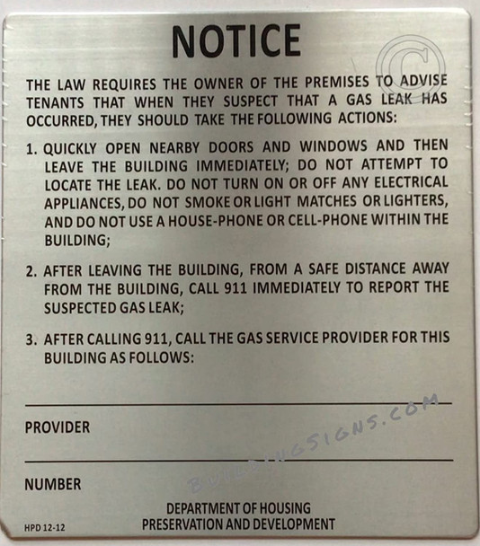 HPD NYC GAS LEAK NOTICE ENGLISH  Signage HPD NYC GAS LEAK NOTICE ENGLISH  Signage