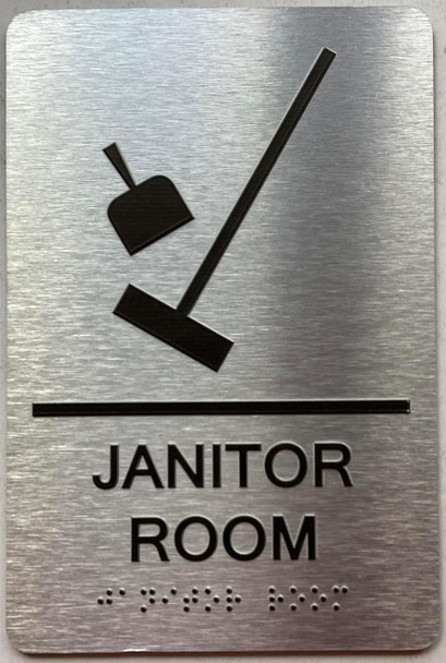Janitor Room  with Raised letters/Image & Grade 2 Braille - Includes Red Adhesive pad for Easy Installation Janitor Room  with Raised letters/Image & Grade 2 Braille - Includes Red Adhesive pad for Easy Installation