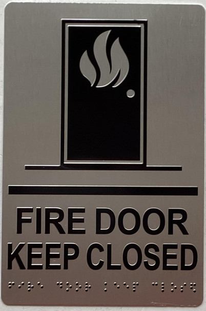 FIRE DOOR KEEP CLOSED SIGN Raised letters, Raised Image & Grade 2 Braille - Includes Red Adhesive pad for Easy Installation