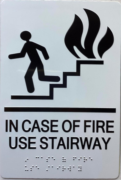 IN CASE OF FIRE USE STAIRWAY sign with Raised letters/Image & Grade 2 Braille - Includes Red Adhesive pad for Easy Installation