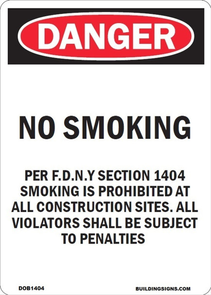 NYC NO Smoking ON JOB SITE SECTION 1404 Sign NYC NO Smoking ON JOB SITE SECTION 1404 Sign