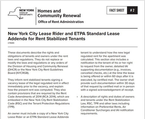 Fact Sheet #2: New York City Lease Rider and ETPA Standard Lease Addenda for Rent Stabilized Tenantsl Fact Sheet #2: New York City Lease Rider and ETPA Standard Lease Addenda for Rent Stabilized Tenantsl
