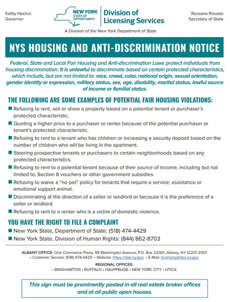 Managment and Broker NYS HOUSING AND ANTI-DISCRIMINATION NOTICE Managment and Broker NYS HOUSING AND ANTI-DISCRIMINATION NOTICE