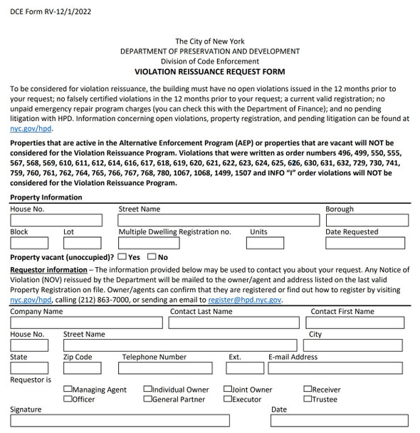 HPD VIOLATION REISSUANCE REQUEST FORM HPD VIOLATION REISSUANCE REQUEST FORM
