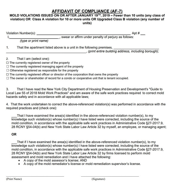 AFFIDAVIT OF COMPLIANCE  HPD NYC FORM AF-7 AFFIDAVIT OF COMPLIANCE  HPD NYC FORM AF-7