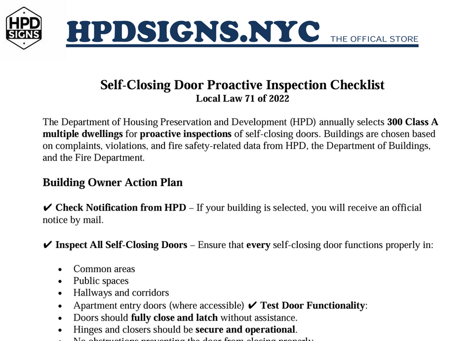 Self-Closing Door Proactive Inspection Checklist (pdf file)
