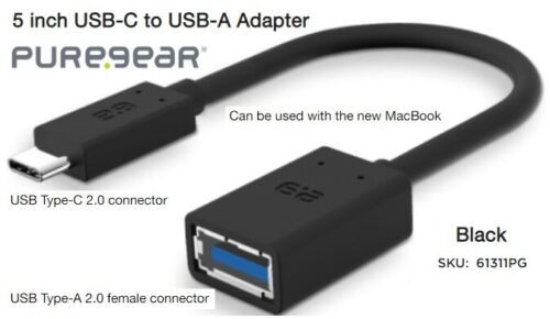 Puregear 5 inch USB-C (Male) to USB-A (Female) Adapter - Black Macbook Dongle