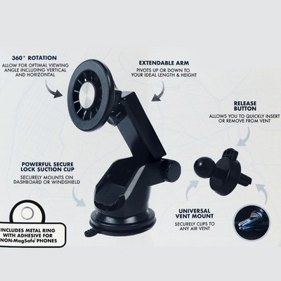 Magnetic Long Retractable Arm Car Mount with Magsafe (3in1) - BLACK