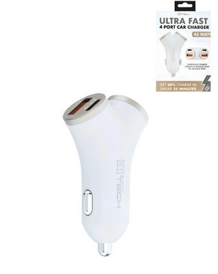 4 Port Y-Split Car Charger 2 Type-A - 2 Type-C - WHITE (45W)