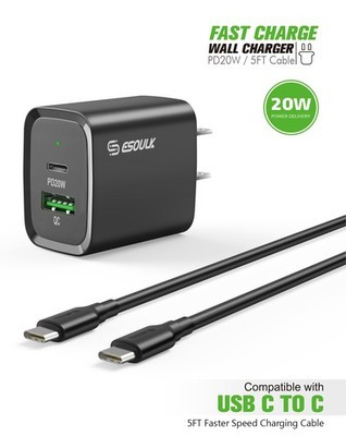 Esoulk USB C+A PD/QC Wall Adapter with USB C-C Cable (5ft) (20W) (BLACK)