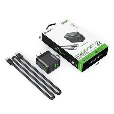 Esoulk PDandQC Wall Charger with C-C USB Cable (5ft) (30W) (BLACK)