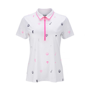 JRB Ladies Golf Shirt White/Pink/Black Print - Sleeved or Sleeveless