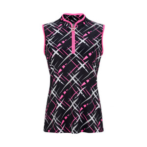 JRB Ladies Golf Shirt Black/Wh/Pink/Grey Cross Print - Sleeved or Sleeveless