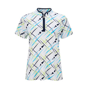 JRB Ladies Golf Shirt White/Navy/Blue/Lime Cross Print - Sleeved or Sleeveless