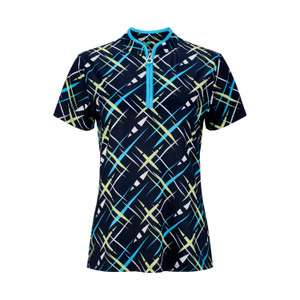JRB Ladies Golf Shirt Navy/Blue/Lime Cross Print - Sleeved or Sleeveless