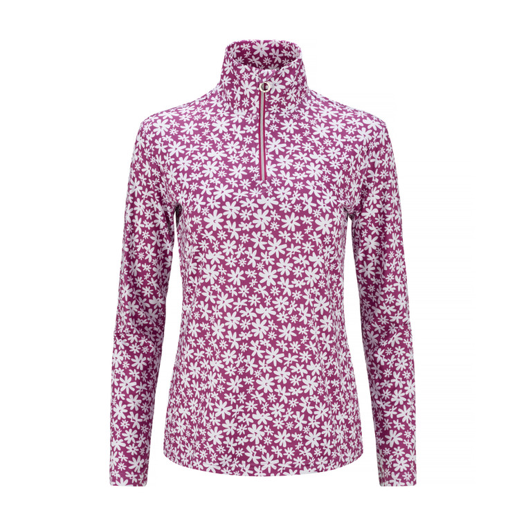 JRB Ladies 1/4 Zipped Golf Top Fuchsia Pink Flower Print