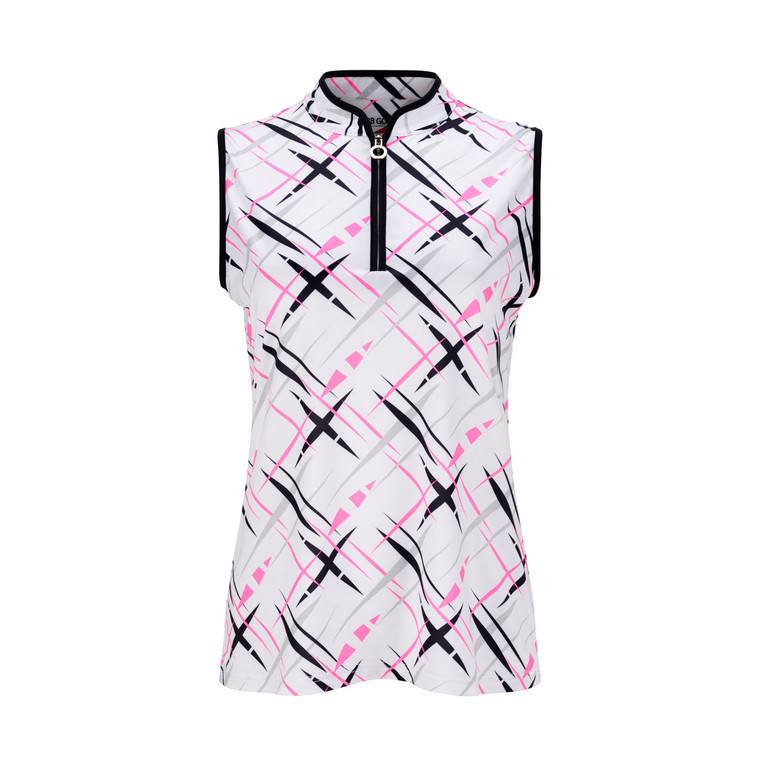 JRB Ladies Golf Shirt White/Black/Pink Cross Print - Sleeved or Sleeveless