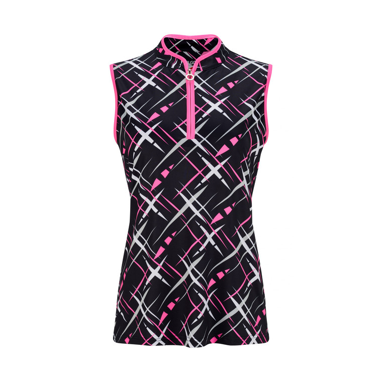 JRB Ladies Golf Shirt Black/Wh/Pink/Grey Cross Print - Sleeved or Sleeveless