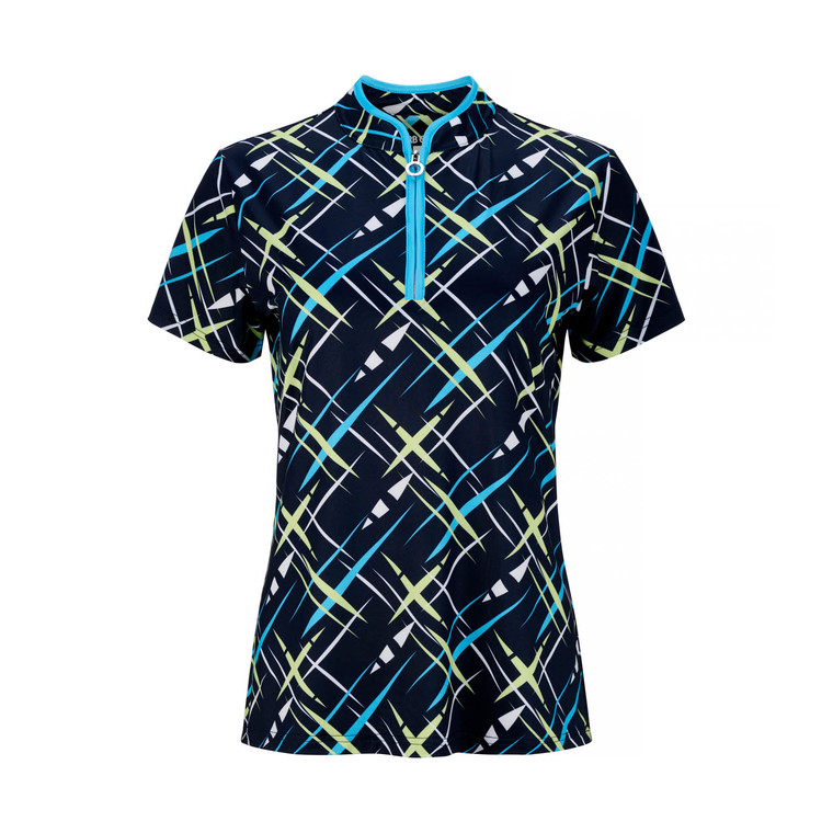 JRB Ladies Golf Shirt Navy/Blue/Lime Cross Print - Sleeved or Sleeveless