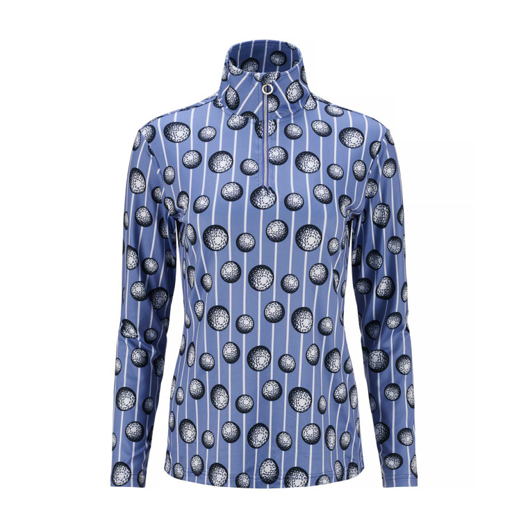 JRB Ladies 1/4 Zipped Golf Top Cornflower Blue White Balls