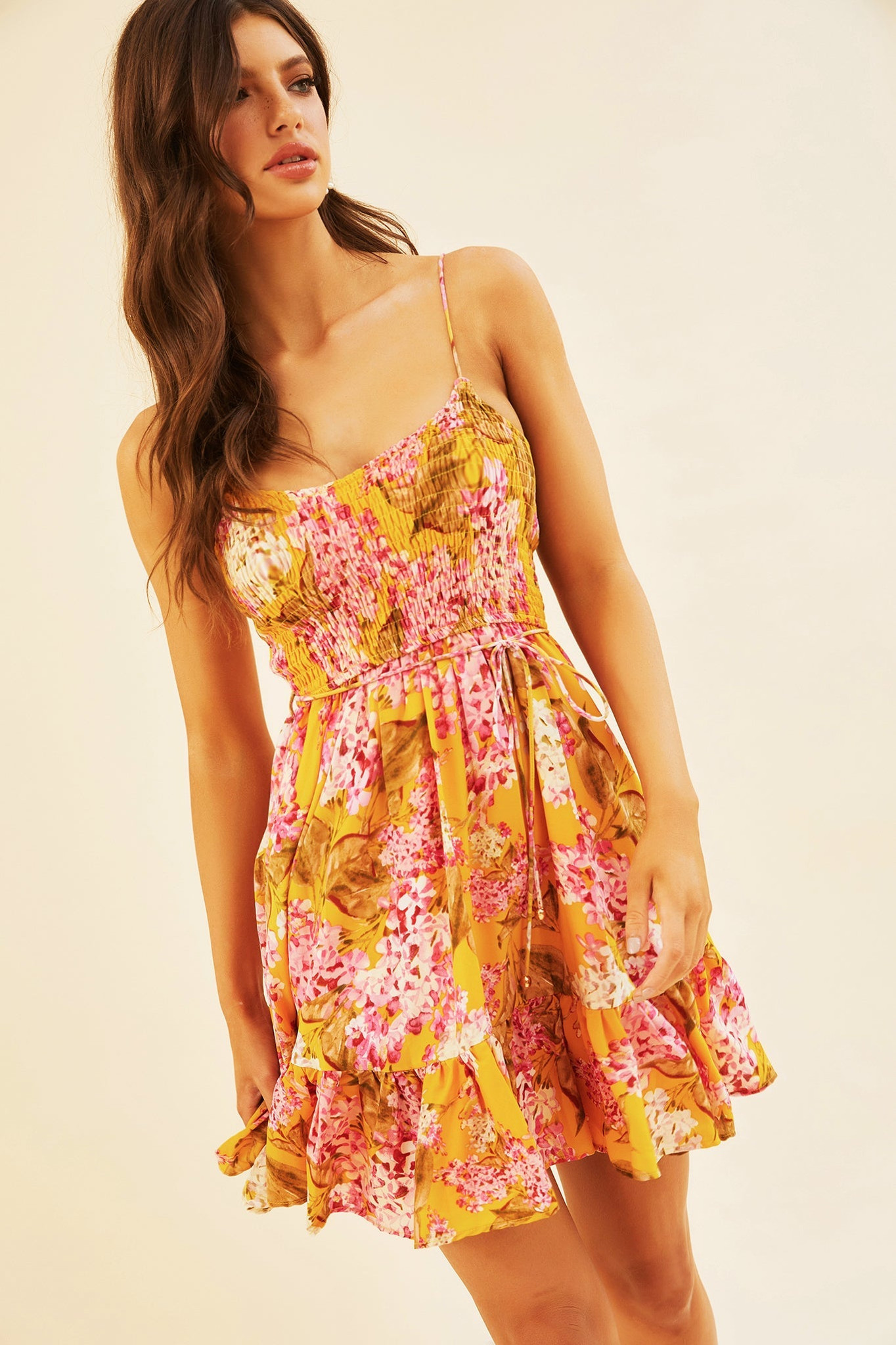 Cherry Blossom Mini Dress - Mustard | Sage and Paige AUS.